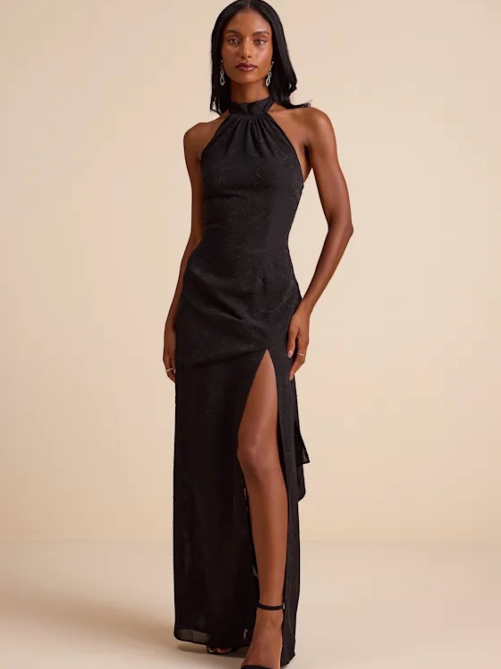 Lulu's Black Halter Maxi Dress with Thigh Slit